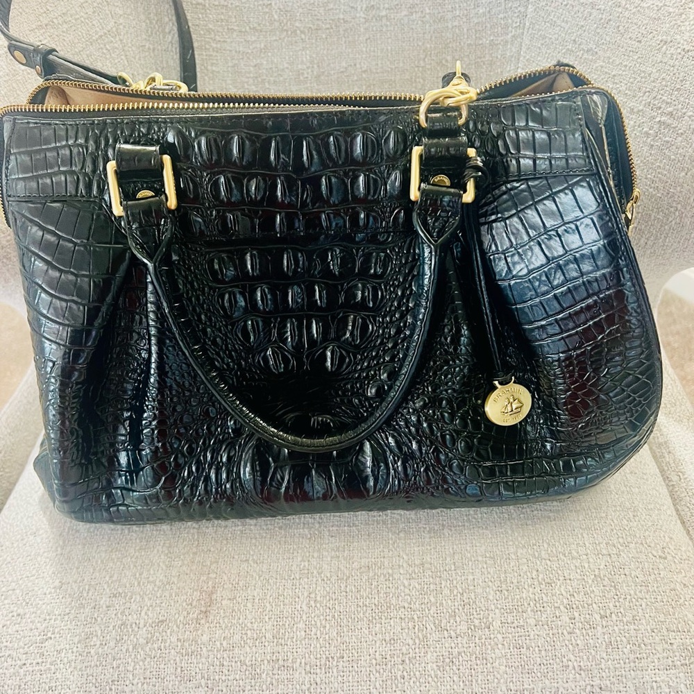 Brahmin Black Crocodile-Embossed Satchel with Gold Accents